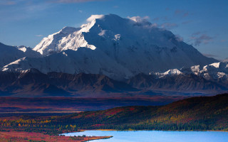 Mountain lake forest blue sky 10 - a matte painting free wallpaper