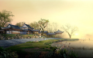 Chinese house lake sunset ducks - a sunset in the background free wallpaper
