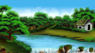 House river waterfall forest painting - a painting of a house free wallpaper