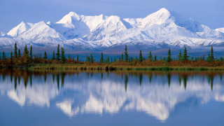 Mountain range lake trees blue - a matte painting free wallpaper