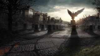 Bird flying stone road city - a dark sky in the background free wallpaper