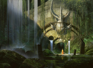 Dragon forest waterfalls background painting - a waterfall free wallpaper for desktop