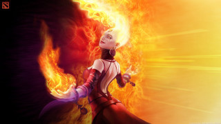 Woman red dress flame arms - yellow background free wallpaper