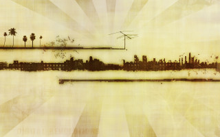 City silhouette palmtrees sunburst grungy - modern free wallpaper