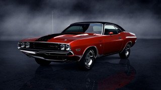 Red muscle car dark room - digital free wallpaper for desktop