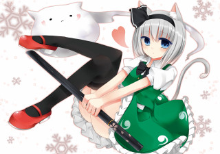 Girl cat green dress anime - black stocking free wallpaper