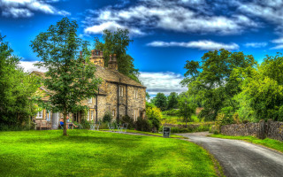 Rural house road person standing - a painting of a house free wallpaper