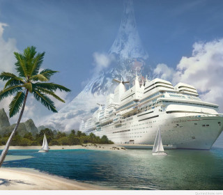 Cruise ship ocean mountain sailboat - a detailed matte painting free wallpaper
