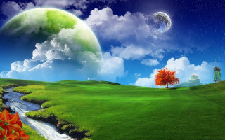 Green field stream tree moon - matte fantasy painting free wallpaper