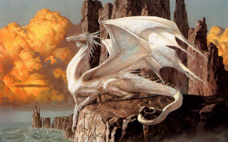 White dragon rock ocean castle - dragon art free wallpaper
