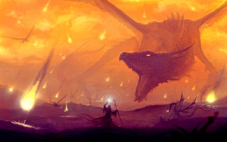 Monster attacking man fire water - a yellow sky free wallpaper