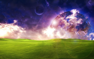 Green field blue purple planet - a distant planet in the distance free wallpaper