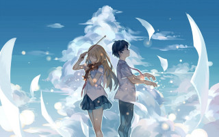 Anime characters blue sky clouds 4 - cloud and birds free wallpaper