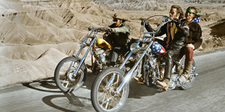 Motorcycles desert road mountains sky - matte painting free wallpaper