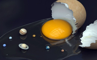 Cracked egg planets black surface - a surrealist painting free wallpaper