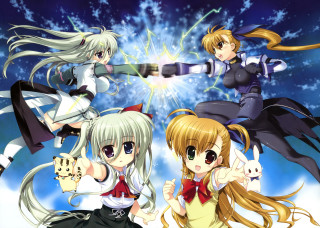 Anime girls flying arms around - holding free wallpaper