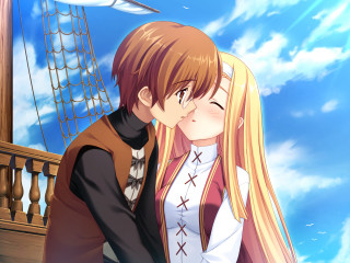 Anime couple kissing balcony ship - a ship in the background free wallpaper