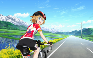 Cartoon girl biking lake mountains - a mountain range in the background free wallpaper