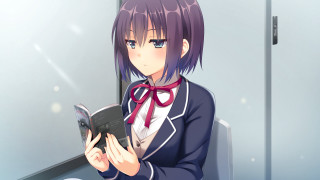 Woman sitting desk book cellphone - a character portrait free wallpaper