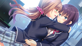 Anime girls hugging room window - a building in the background free wallpaper
