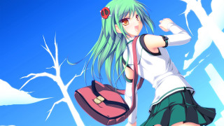 Girl green hair backpack cartoon - an anime drawing free wallpaper for desktop