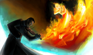 Man black suit fire ice - epic composition free wallpaper
