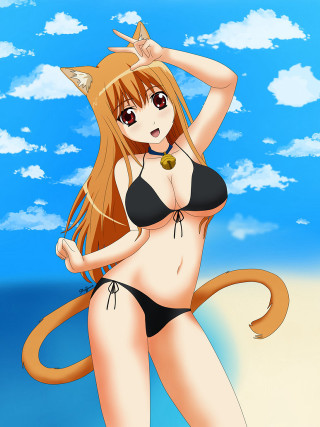 Cartoon girl bikini cat on - a beach free wallpaper