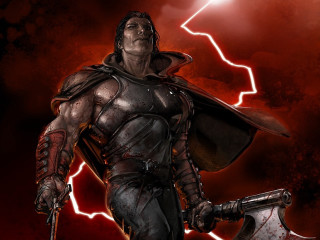 Man armor axe lightning painting - a man in armor holding free wallpaper