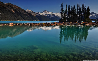 Lake mountains trees blue water 3 - clear free wallpaper