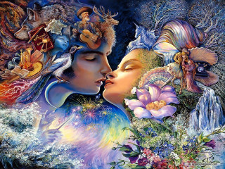 Kissing couple floral background trees - two person free wallpaper