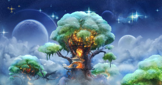 Fantasy tree house forest sky - fantasy artwork free wallpaper