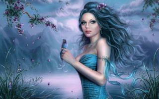 Woman blue dress holding bird - digital painting free wallpaper