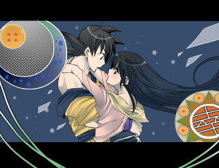 Anime couple hugging food background - circular free wallpaper