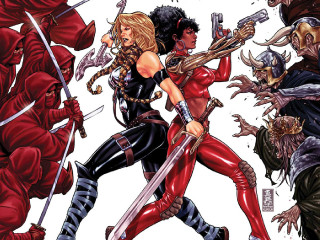 Women red black swords demon - their back free wallpaper