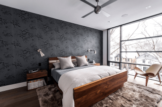 Bedroom large window wooden frame - open ceiling free wallpaper