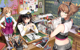 Anime girls desk book standing - a blackboard free wallpaper