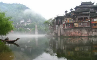 River boat buildings fog water - building free wallpaper