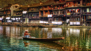 Person boat water buildings river - dai xi free wallpaper