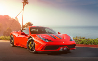 Red sports car ocean palm 3 - a road next free wallpaper