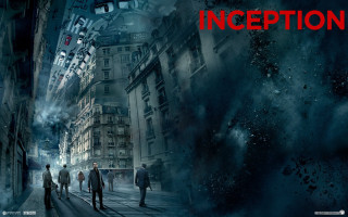 Group people street tall buildings - red lettering free wallpaper
