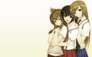Anime girls hugging white yellow - a yellow background behind them free wallpaper