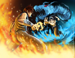 Man woman fighting fireball dragon - a manga drawing free wallpaper for desktop