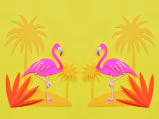 Pink flamingos yellow background palm - carol bove free wallpaper