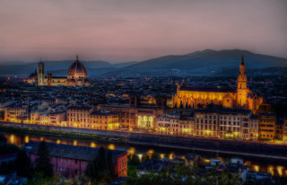 City night lights mountains river - a matte painting free wallpaper