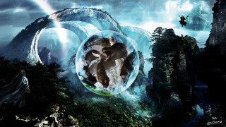Man woman bubble mountains trees - matte fantasy painting free wallpaper
