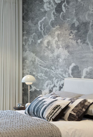 Bed white headboard gray wall - modern european ink painting free wallpaper