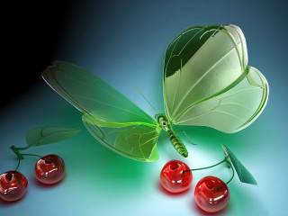 Green butterfly cherries blue background - macro art free wallpaper