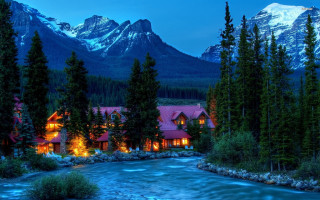 Mountain resort river nighttime lights 2 - beautiful scenery free wallpaper for desktop