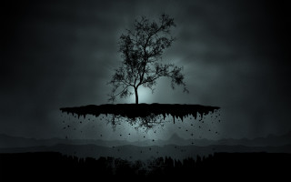Tree island night bats flying - surrealism free wallpaper