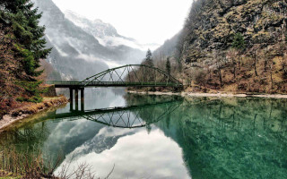 Bridge river mountain water body - a bridge in the middle free wallpaper
